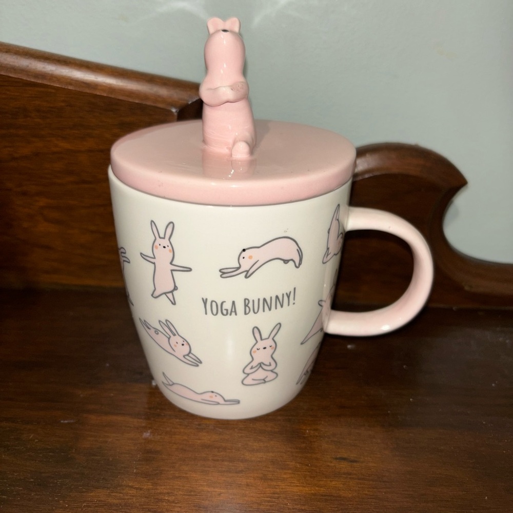 Magenta Wooly Heads Pink Yoga Bunny Ceramic Mug with Lid